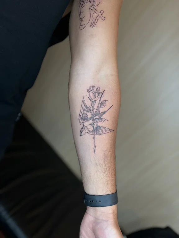 floral minimalist rose black grey elegant minimal soft shading linework tattoo Canggu Bali