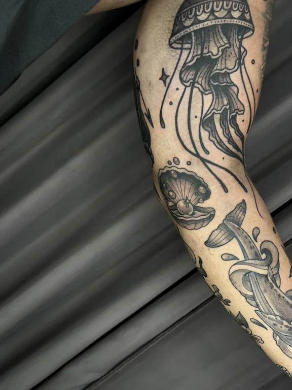 abstract neo traditional demon linework elegant black grey heavy shading mystical tattoo Canggu Bali