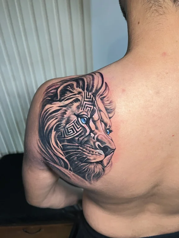 animal neo traditional lion black grey elegant tiger linework heavy shading tattoo Canggu Bali