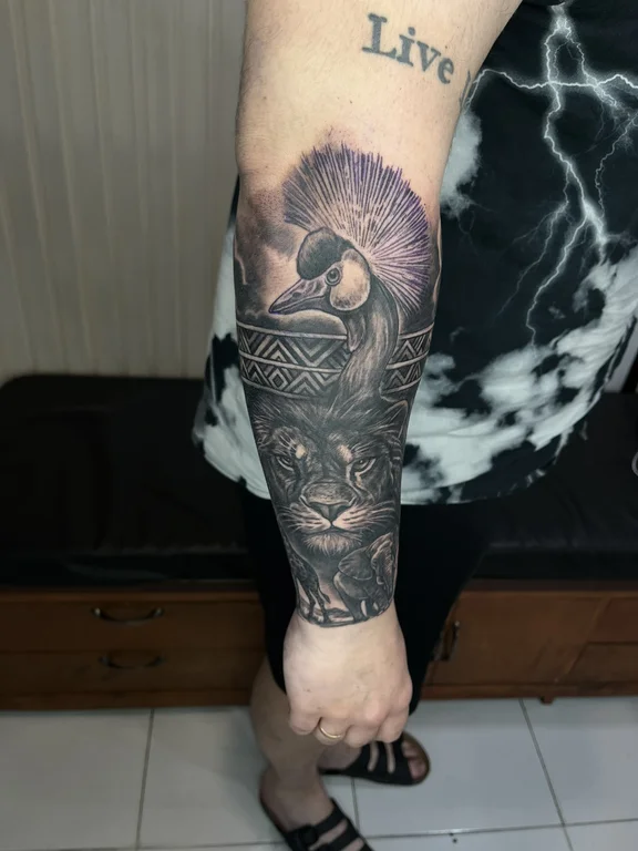 animal neo traditional lion black grey spiritual heavy shading deity tiger tattoo Canggu Bali