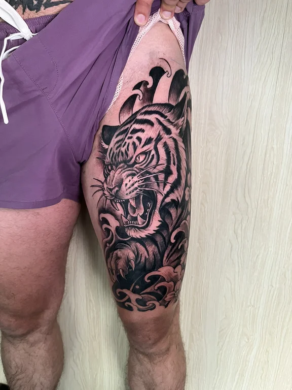 animal neo traditional tiger black grey elegant heavy shading lion linework tattoo Canggu Bali