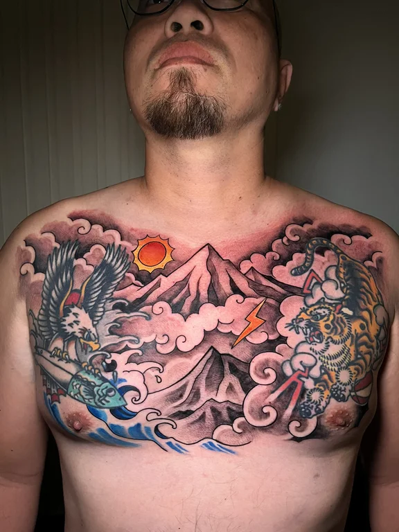 mythology surreal deity heavy shading cloud wave spiritual colorful tattoo Canggu Bali