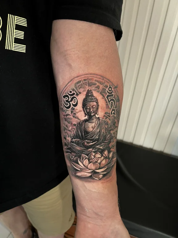 religious neo traditional buddha black grey spiritual deity heavy shading soft shading tattoo Canggu Bali