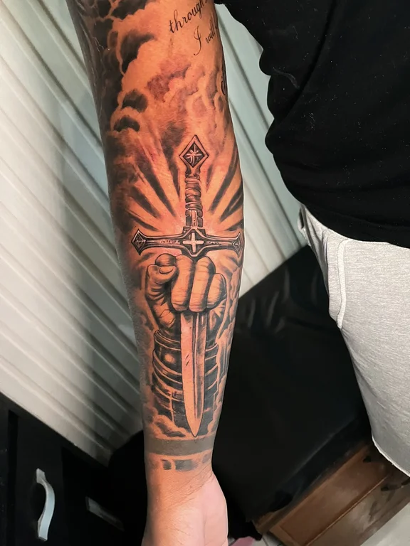 religious neo traditional deity heavy shading spiritual linework black grey hand tattoo Canggu Bali