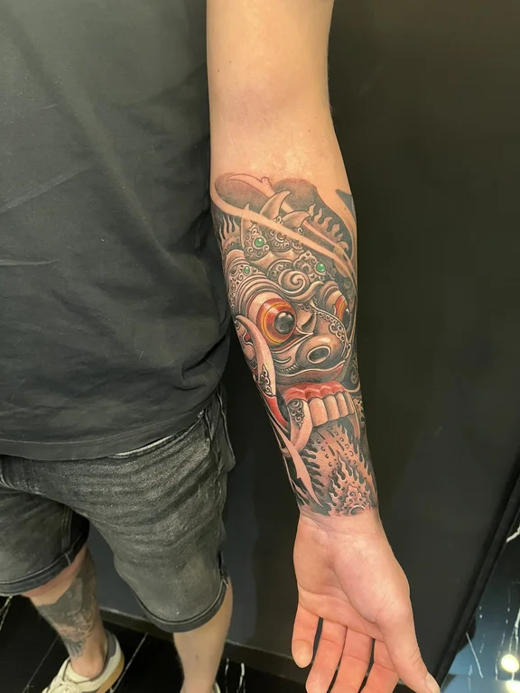 skull neo traditional mask heavy shading cloud black grey demon linework tattoo Canggu Bali