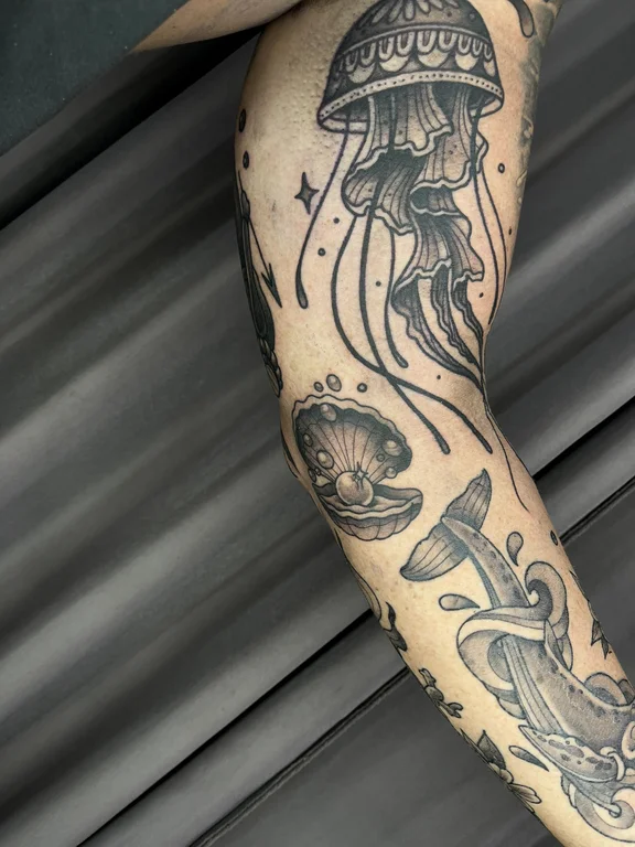 abstract new school demon linework wave black grey heavy shading deity tattoo Canggu Bali