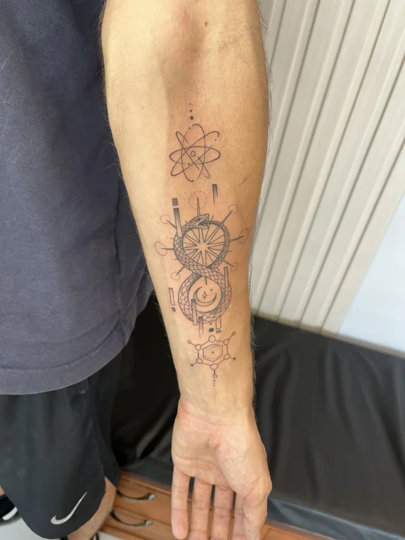 abstract new school hand dotwork sun linework sacred geometry fine line tattoo Canggu Bali