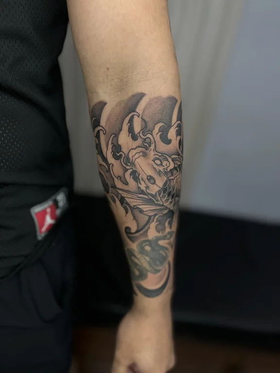 abstract new school koi black grey cloud heavy shading linework soft shading tattoo Canggu Bali