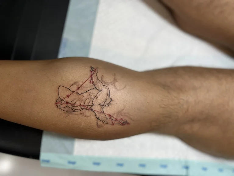 abstract new school man fine line wave linework bold line soft shading tattoo Canggu Bali