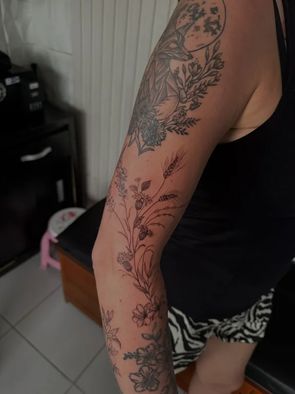 floral new school peony black grey elegant linework dotwork soft shading tattoo Canggu Bali