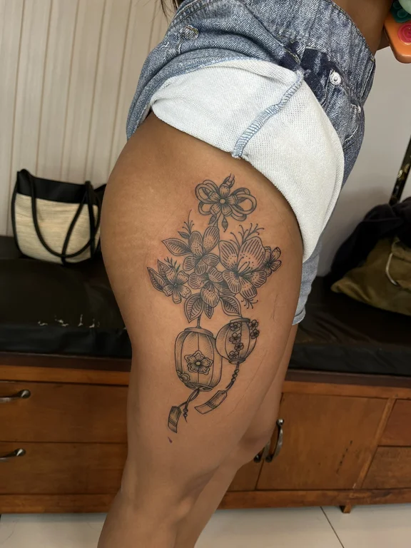 floral new school skull black grey flower linework soft shading dotwork tattoo Canggu Bali