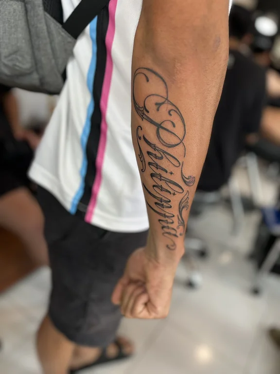 lettering new school man bold line wave soft shading fine line black grey tattoo Canggu Bali