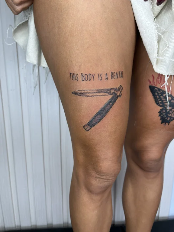 lettering new school woman bold line spiritual fine line heavy shading thin line tattoo Canggu Bali