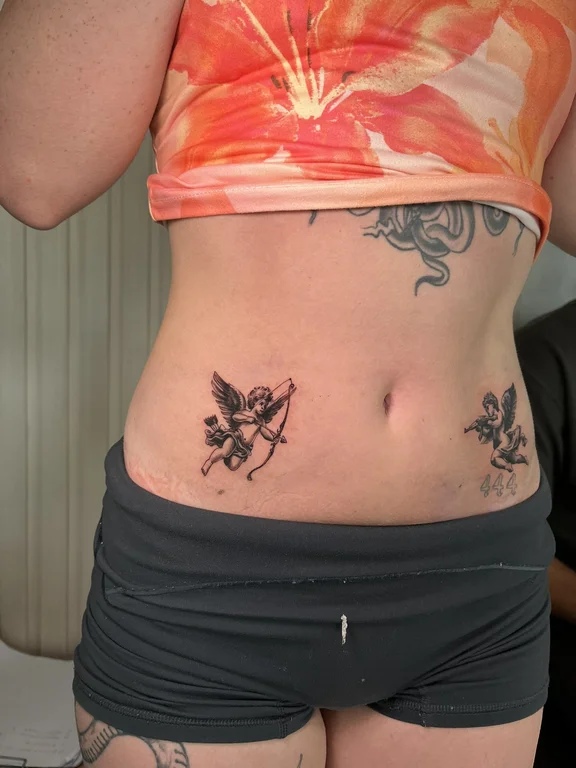mythology new school butterfly fine line fire linework soft shading angel tattoo Canggu Bali