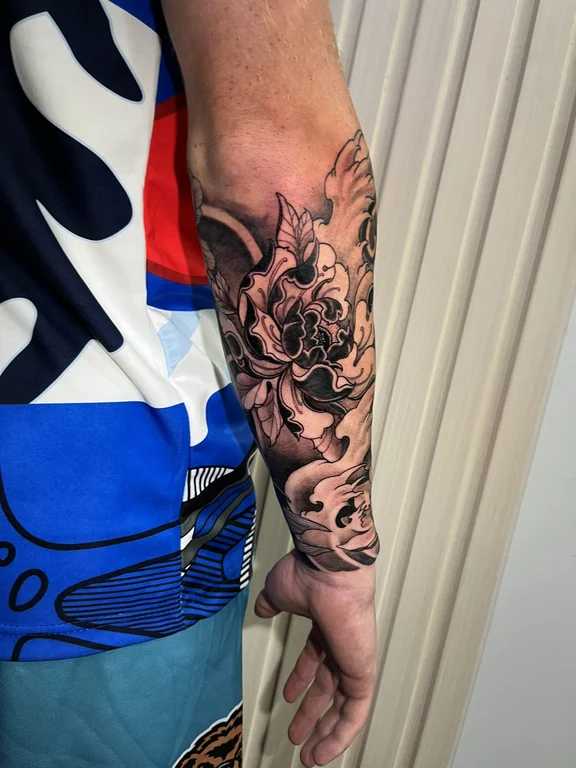mythology new school peony heavy shading cloud black grey linework demon tattoo Canggu Bali