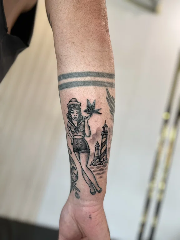 mythology new school woman black grey horror linework soft shading dotwork tattoo Canggu Bali