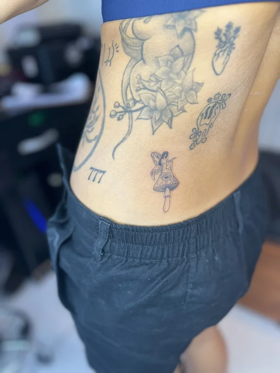 mythology new school woman linework cloud soft shading black grey elegant tattoo Canggu Bali