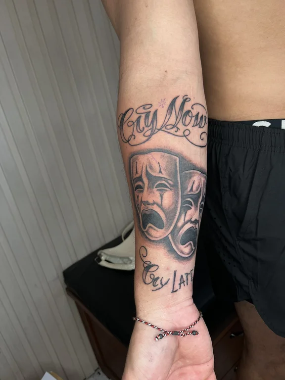 portrait new school mask black grey moon man heavy shading soft shading tattoo Canggu Bali