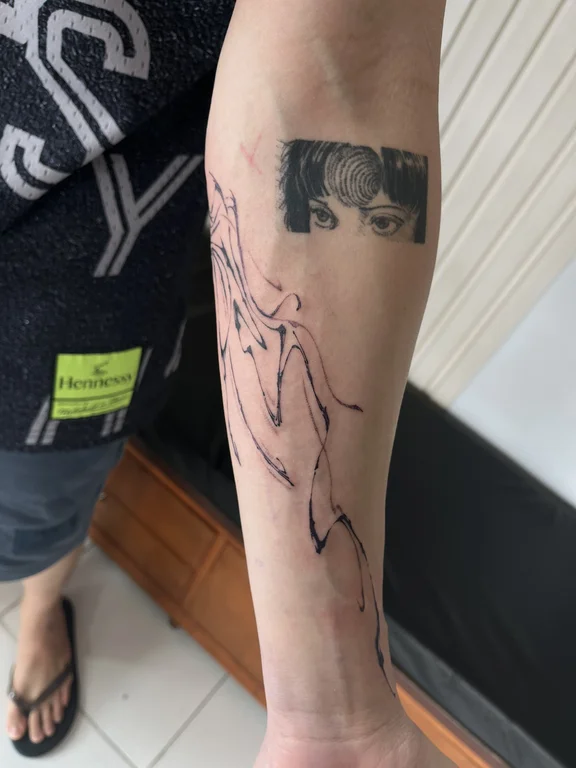 portrait new school woman fine line cloud man linework soft shading tattoo Canggu Bali
