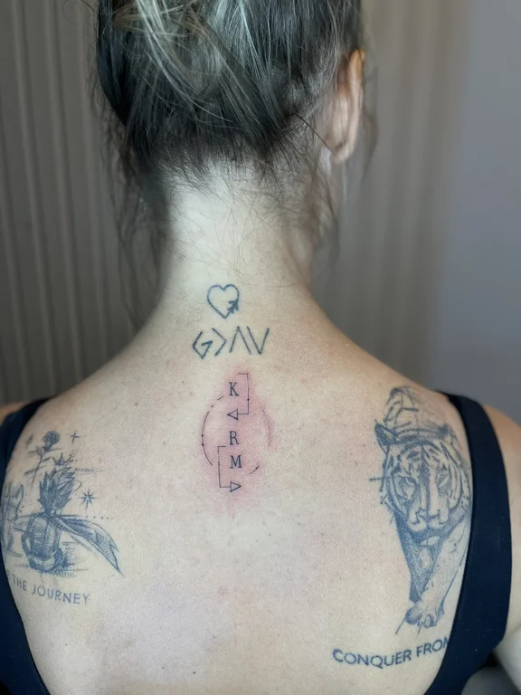 religious new school woman dotwork spiritual fine line soft shading elegant tattoo Canggu Bali