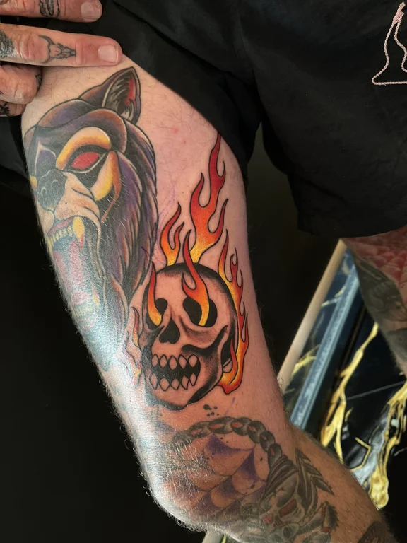 skull new school demon heavy shading fire smoke horror colorful tattoo Canggu Bali