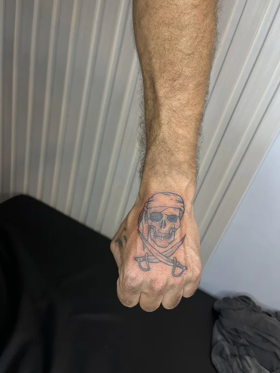 skull new school hand black grey horror man linework fine line tattoo Canggu Bali