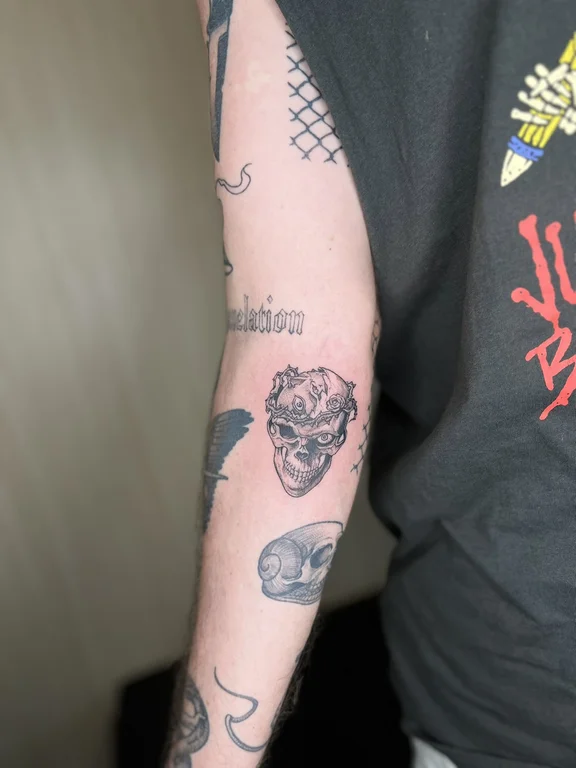 portrait new school man black grey cloud horror moon linework tattoo Canggu Bali