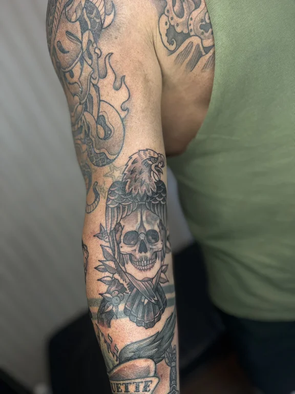 skull new school man black grey smoke heavy shading linework dotwork tattoo Canggu Bali
