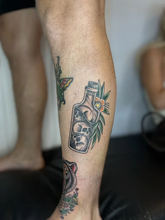skull new school man heavy shading smoke black grey linework soft shading tattoo Canggu Bali