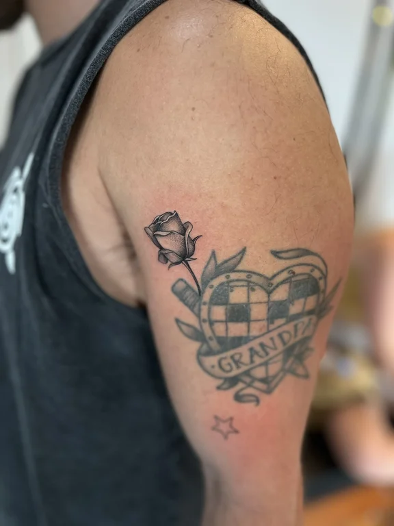 symbol new school rose black grey cloud soft shading linework heavy shading tattoo Canggu Bali
