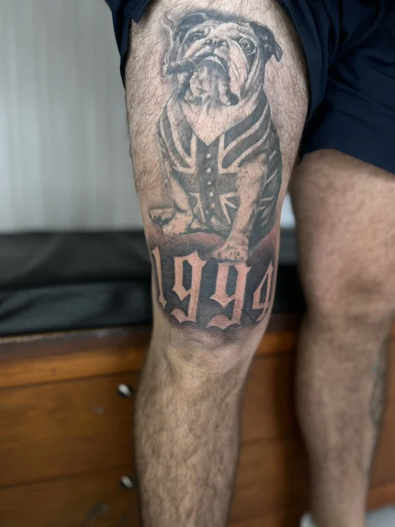 mythology old school man black grey fire heavy shading dotwork bold line tattoo Canggu Bali