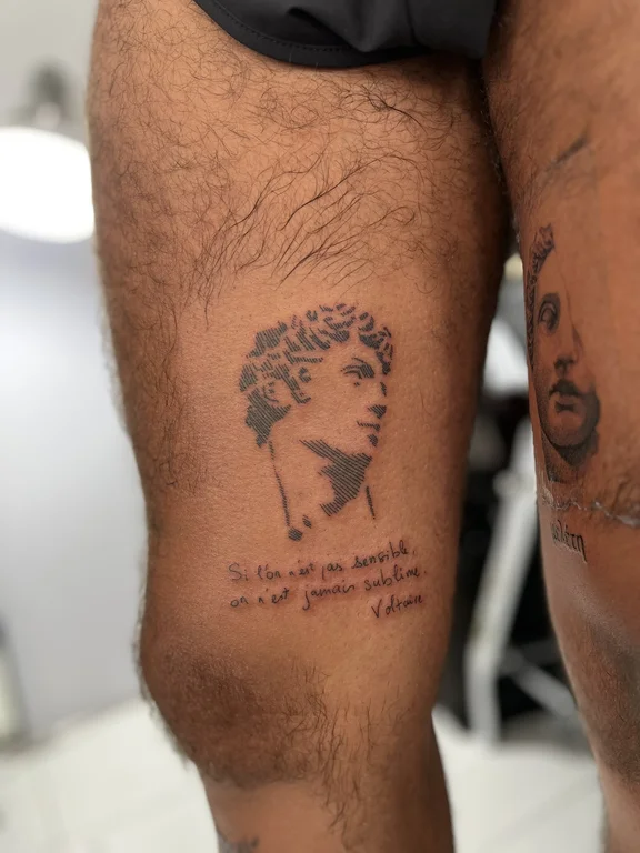 portrait realism man soft shading cloud deity dotwork fine line tattoo Canggu Bali