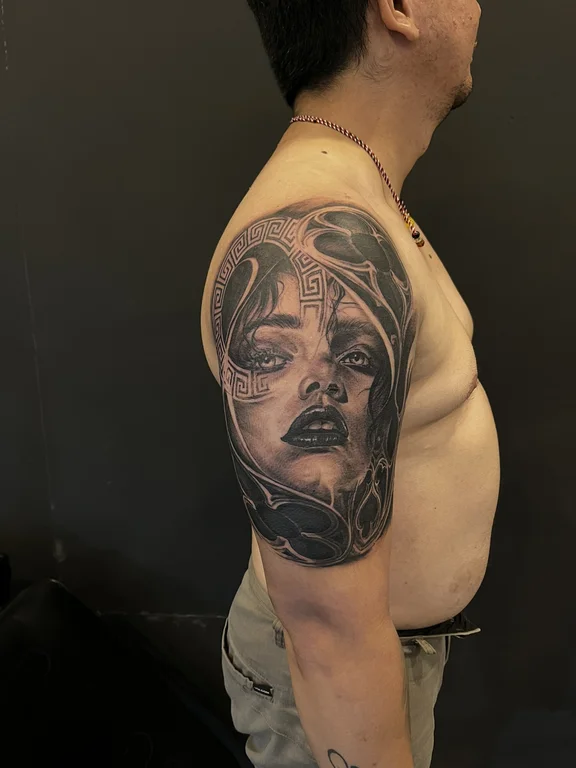 portrait realism woman black grey dark heavy shading soft shading horror tattoo Canggu Bali