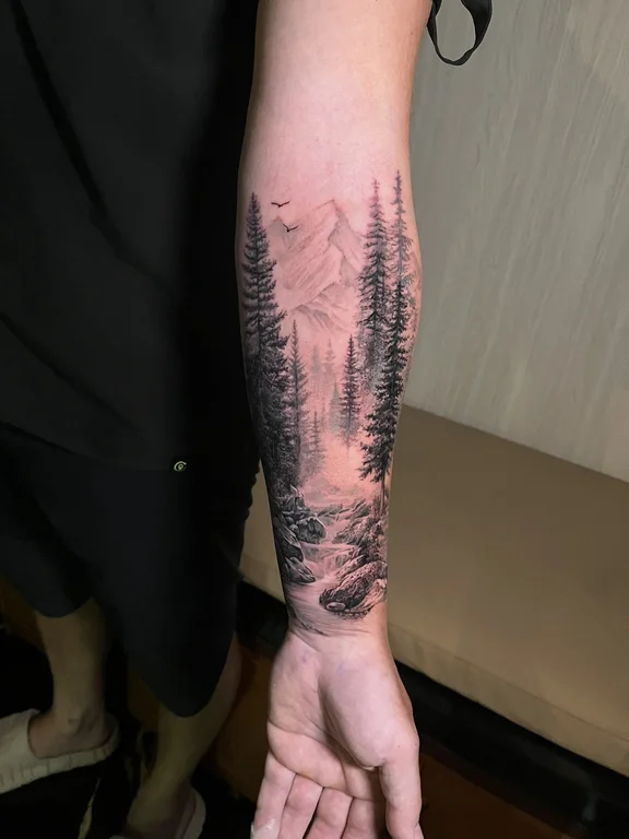 nature surreal man black grey mystical soft shading heavy shading linework tattoo Canggu Bali