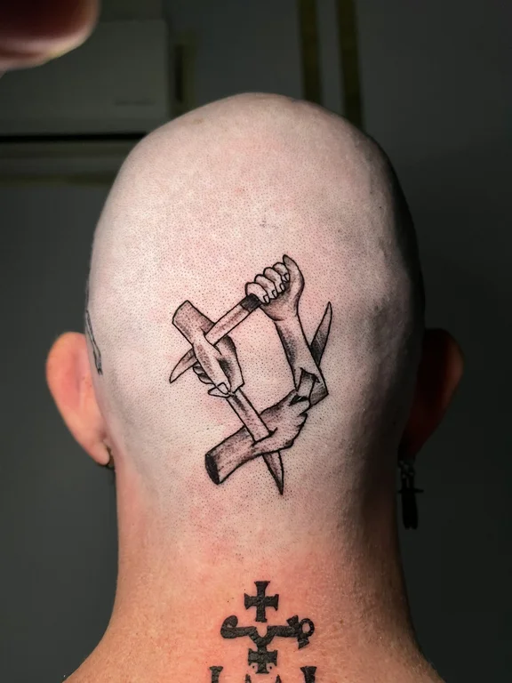 religious surreal man heavy shading smoke linework bold line fine line tattoo Canggu Bali