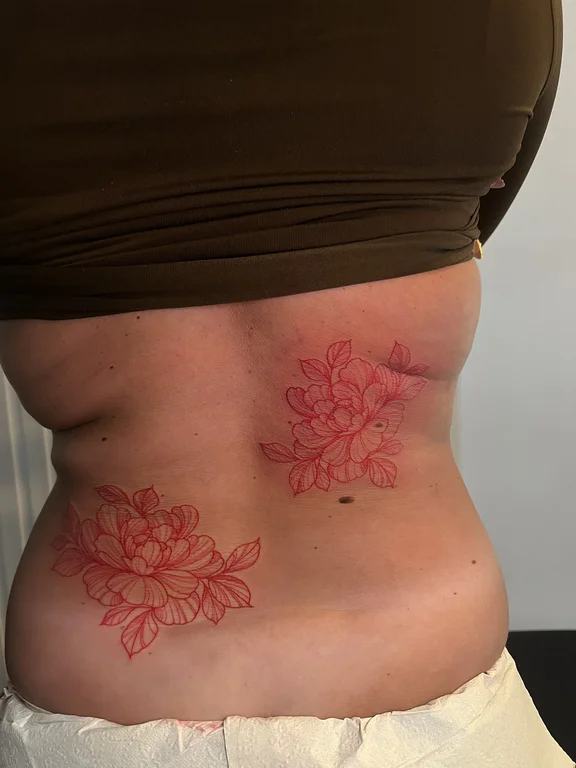 floral traditional peony linework fire fine line dotwork lotus tattoo Canggu Bali
