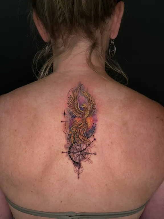 abstract watercolor phoenix colorful fire linework smoke soft shading tattoo Canggu Bali