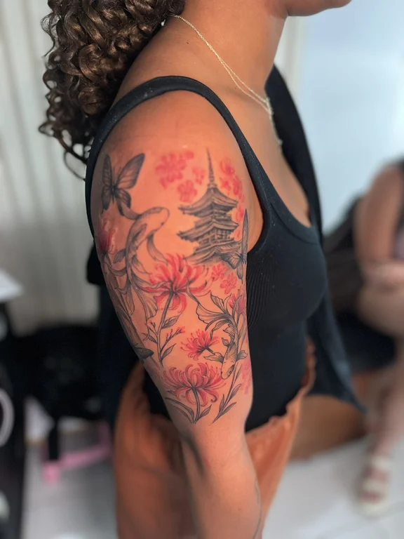 nature watercolor peony colorful fire linework soft shading woman tattoo Canggu Bali